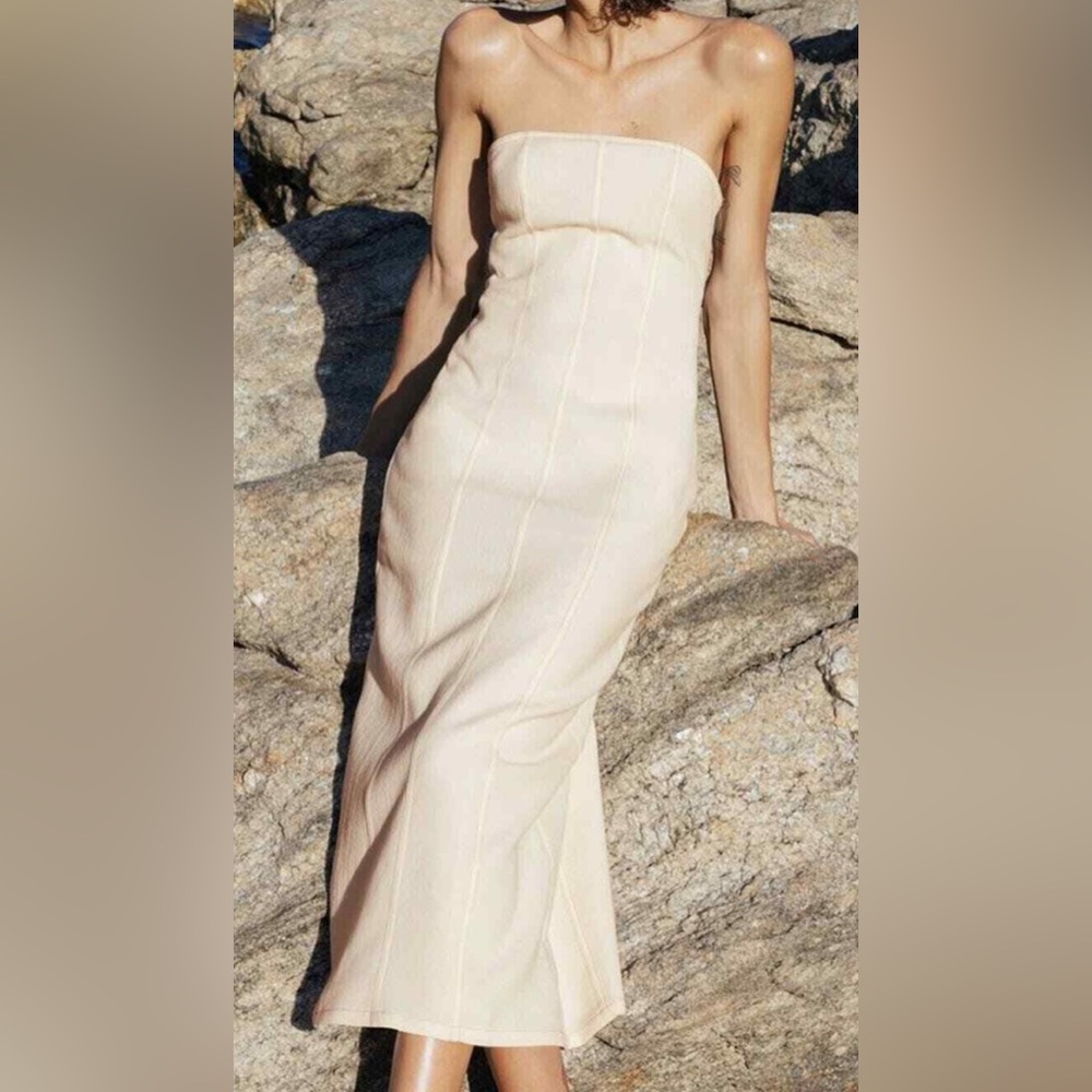 Zara textured Elegant Cream Strapless Dress